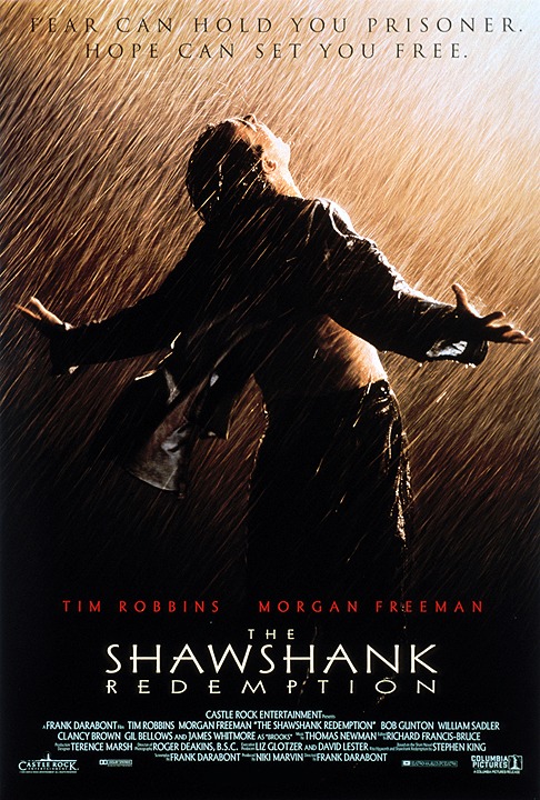 A movie poster for "The Shawshank Redemption." The poster is dark and moody, with a silhouette of a man standing in the pouring rain, arms outstretched and head tilted back. Above him, the text reads "FEAR CAN HOLD YOU PRISONER. HOPE CAN SET YOU FREE." Below the main image, the names Tim Robbins and Morgan Freeman are visible, followed by the movie's title in large letters. The bottom of the poster contains smaller text listing the cast and crew.