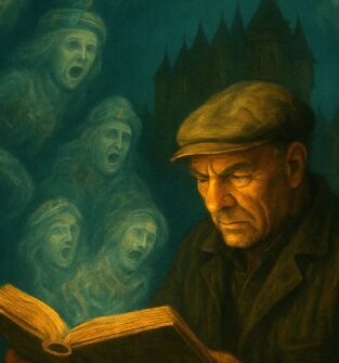 A digitally painted image in a dark, moody style. An older man with a serious expression and a flat cap is reading a glowing book, the light from the pages illuminating his face. Behind him, ghostly, anguished faces appear to emerge from the darkness. In the top right corner, a dark, turreted building, possibly a castle, is faintly visible against a dark blue background. The overall tone suggests a spooky or supernatural theme.