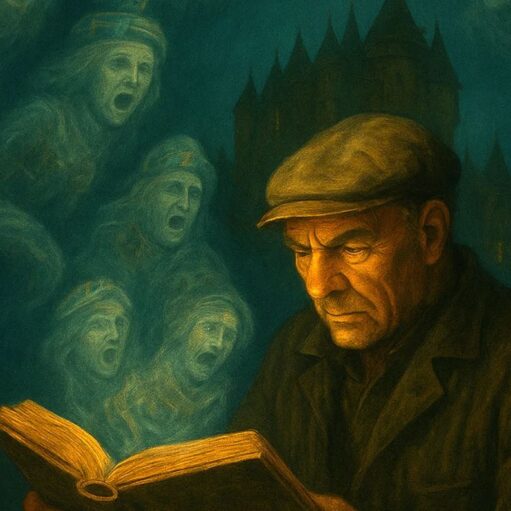 A digitally painted image in a dark, moody style. An older man with a serious expression and a flat cap is reading a glowing book, the light from the pages illuminating his face. Behind him, ghostly, anguished faces appear to emerge from the darkness. In the top right corner, a dark, turreted building, possibly a castle, is faintly visible against a dark blue background. The overall tone suggests a spooky or supernatural theme.