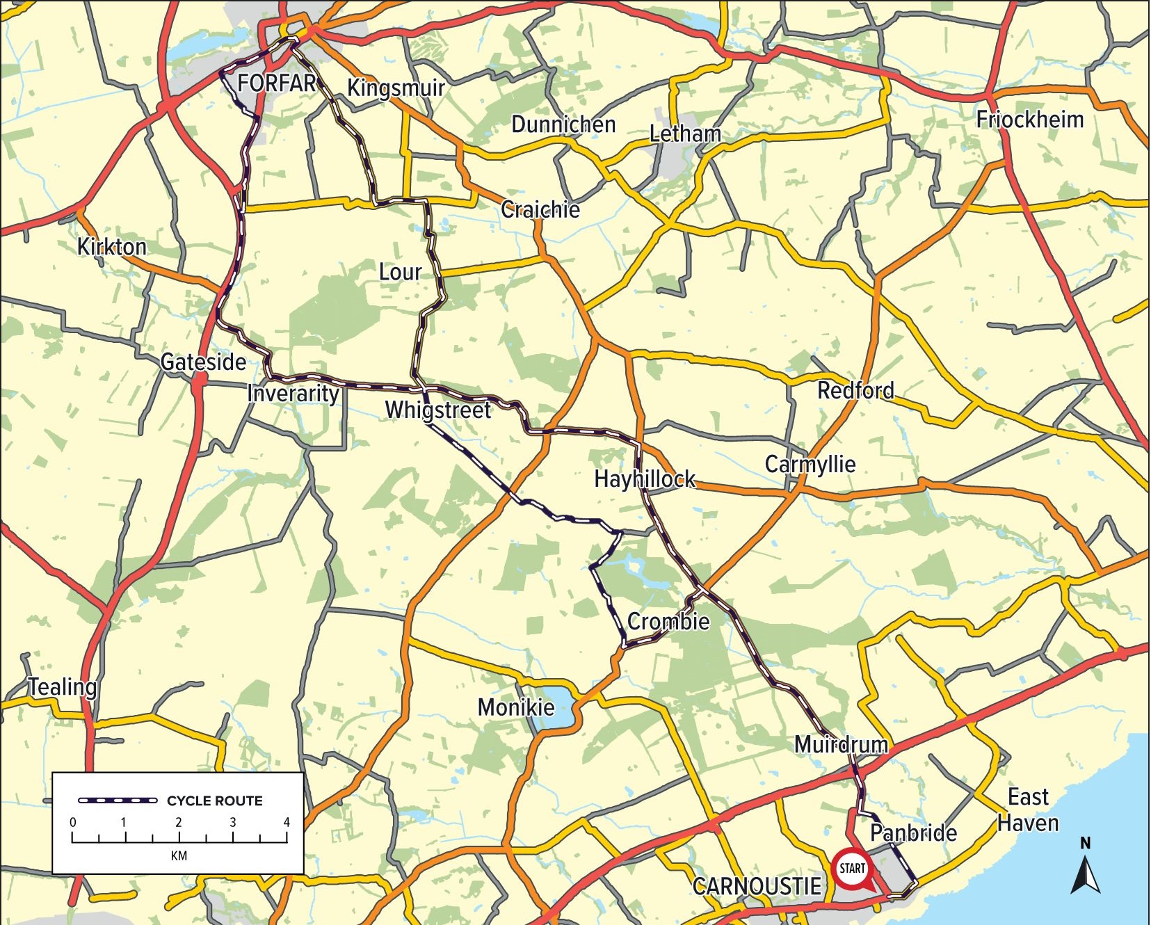 Carnoustie to Forfar Route Map