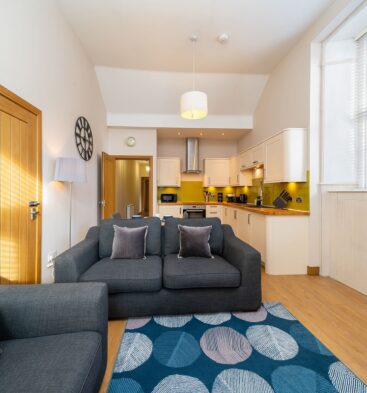 Kitchen and living area at Church House, Montrose