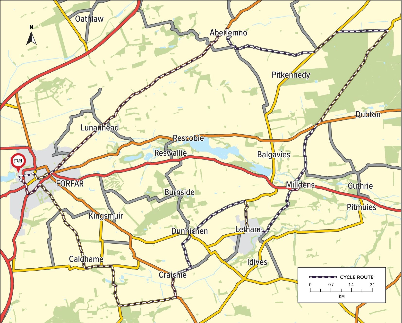 Forfar, Aberlemno and Letham Circuit Route Map