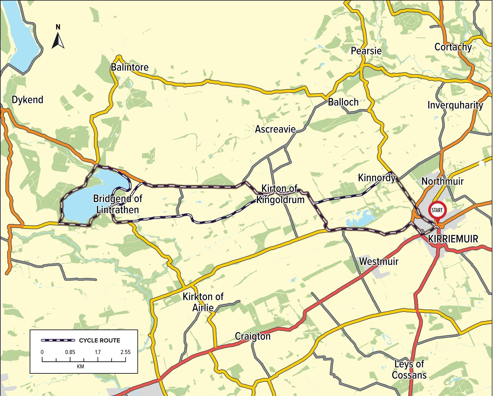Kirriemuir to Loch of Lintrathen Route Map