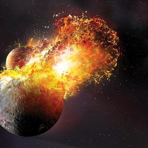 An artistic rendering of a planetary collision in space. A large, dark-colored planet is being struck by a smaller one, creating a massive explosion of bright orange and yellow fire, debris, and light. The background is a dark starry sky.