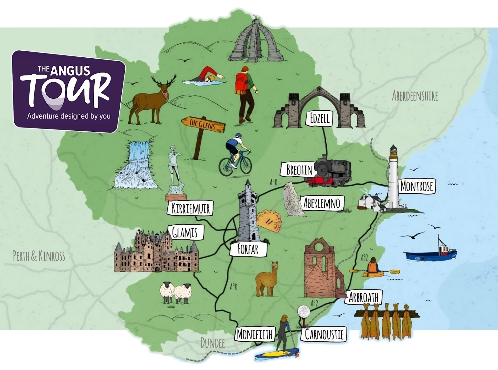 An illustrated map of the Angus which highlights areas for touring
