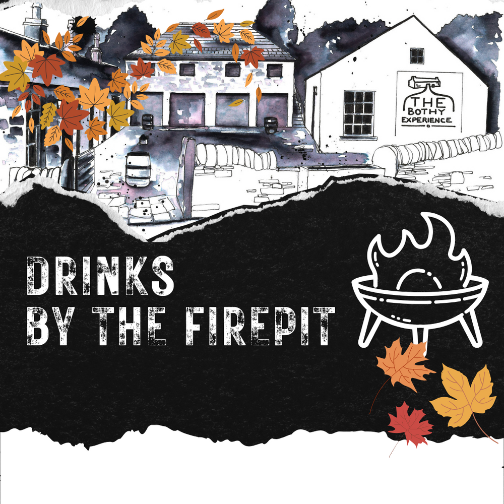 A promotional graphic with a torn paper effect separating two sections. The top section is a black-and-white sketch of farm buildings, with splashes of color from orange and yellow autumn leaves floating over them. The logo for "THE BOTHY EXPERIENCE" is visible on one of the buildings. The bottom section is a black background with a textured, ripped-paper edge. The text "DRINKS BY THE FIREPIT" is in large, white, block letters. A simple white line illustration of a firepit with a flame is to the right of the text. A few more autumn leaves are near the firepit illustration.