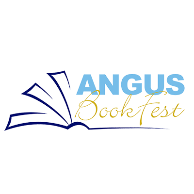 A simple logo for "Angus BookFest." On the left, a stylized open book with dark blue pages fanning out. To the right of the book, the word ANGUS is in a lighter blue, sans-serif font. Below it, the word BookFest is in a flowing, golden script.