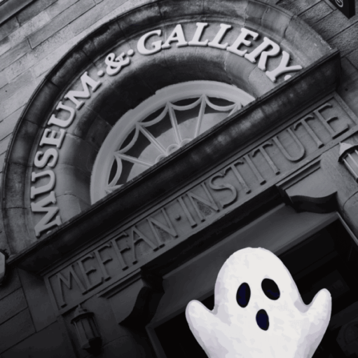 A digitally altered, spooky, black and white photograph of the exterior of a stone building with an arched entrance. The words "MUSEUM & GALLERY" are visible above the door, with "MEFFAN INSTITUTE" carved below. A cartoon ghost with black eyes and a mouth floats in front of the entrance.